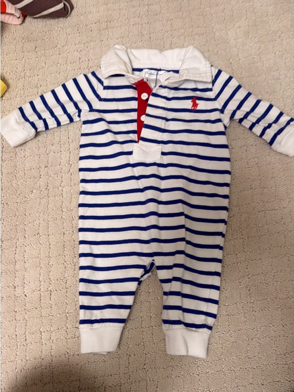 Ralph Lauren White & Blue Striped Infant One-Piece with Red Logo